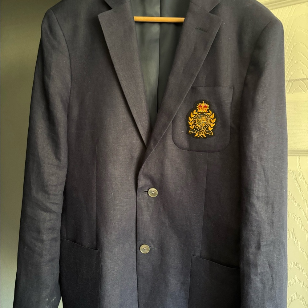 Ralph Lauren Navy Blue Blazer with Textured Fabric and Crest